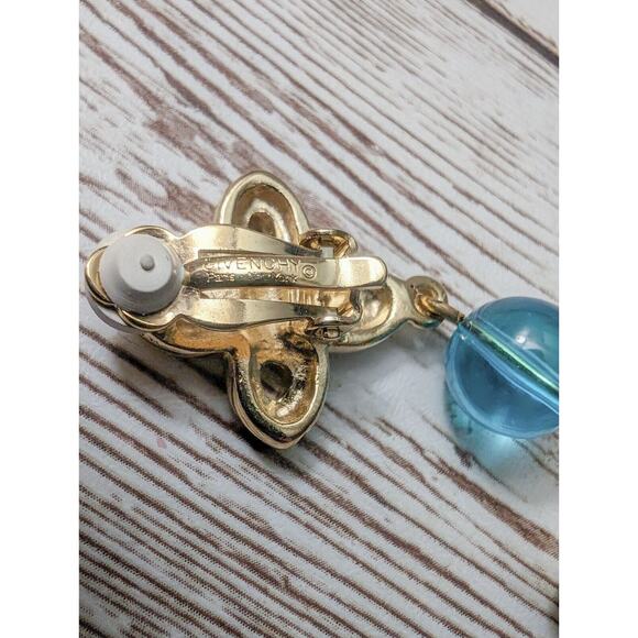 Vintage Givenchy Clip On Earrings - Gold Tone & Blue Dangle - Picture 7 of 7